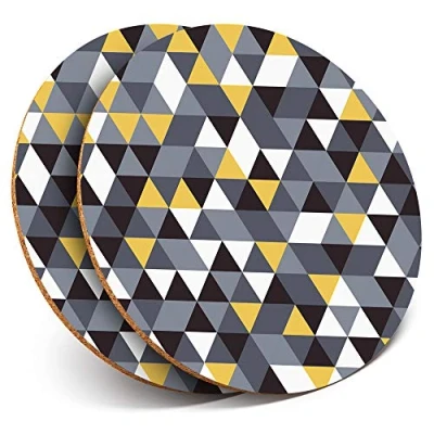 Image of 2 x Round Coasters Yellow Grey Black Triangle Pattern Cork Backed Home Kitchen Accessory Tea Coffee Mug Mat #24585
