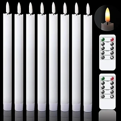 Image of Eldnacele Flameless Flickering Taper Candles with 2 Remote Controls and Timer, Real Wax 3D Wick Light Window Battery Operated Pack of 8, Christmas Home Wedding Decor(White, 0.78 X 9.64 Inch)