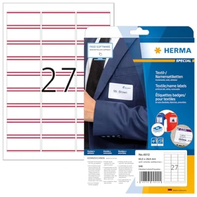 Image of HERMA Self Adhesive Clothing Labels, 27 Labels per A4 Sheet, 20 Sheets, 63.5 x 29.6 mm, 540 Blank Removable Name Stickers, Sticky Textile for Laser &amp; Inkjet Printer, White