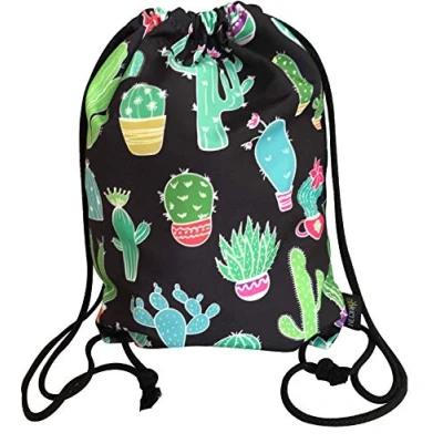 Image of HECKBO gym bag for women &amp; girls made of cotton (black) printed on both sides with cactus motifs everyday use, travel sports suitable as bag, backpack, shoe