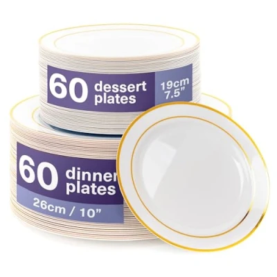 Image of MATANA 120 Premium White Plastic Plates with Gold Rim 60 26cm Dinner Plates, 19cm Side Elegant &amp; Unbreakable Party Reusable for Wedding, Birthday, Picnic, Parties