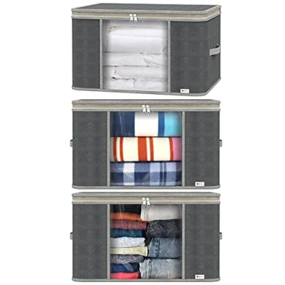 Image of Vinsani 3pcs Deluxe Clothes Storage Bags Organizer Large Capacity Double Zipper, Moisture Proof Big Clear Windows Perfect Space for Clothes, Beddings, Blankets and Duvet Dark Grey
