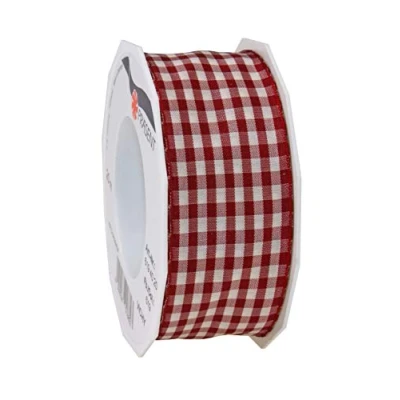 Image of Präsent Vichy Wired Ribbon Bordeaux Cream 40 mm Width, 20 m Length