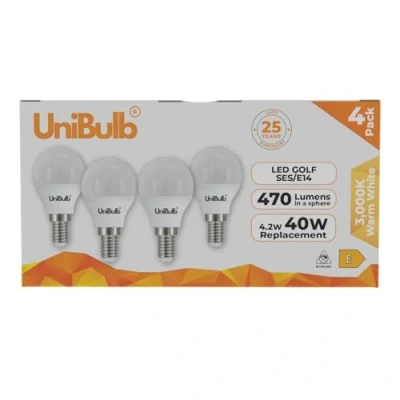 Image of Unibulb E14 LED Light Bulb, Small Screw 4.2W 470lm, 40W Equivalent SES Warm White 2700K Golf Ball Energy Saving P45 220 240V, Non Dimmable, Pack of 4