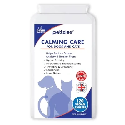 Image of PETTZIES Dog Calming Care Supplement for Dogs and Cats 120 Tablets Stressed Nervous Pets. Anxiety Relief from Stress, Barking, Anxious, Fireworks Loud Noises. Calmer Calm Aid Product