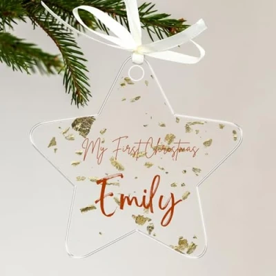 Image of Uniqicon 12Pcs Gold Leaf Flakes Star For Crafting, 3mm Acrylic Baubles Blanks, DIY Flat Home, 1/8 Inch Extra Thick Stars Christmas Tree Hanging Decorations Xmas