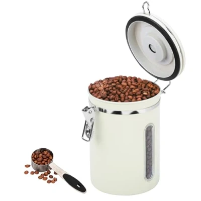 Image of BELLE VOUS White Coffee Canister with Date Tracker, Scoop &amp; CO2 Valve 1.8L Stainless Steel Bean Storage Container Airtight Kitchen for Grounds, Tea Sugar