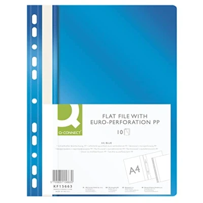 Image of Q Connect KF15663 Plastic File Folder A4 Blue/Pack of 10 / Folders/Perforated Staplers with Labelling Strips/with Transparent Cover/with Perforated Holes/Euro Holes