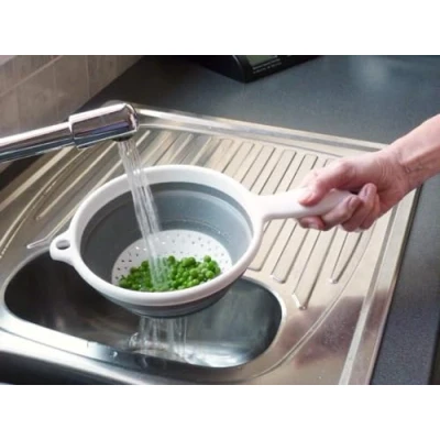 Image of Citystores® Pop &amp; Store Collapsible Food Colander with Handle White and Grey Silicone Pasta, Potatoes Vegetables Large 9.5&quot; 2248