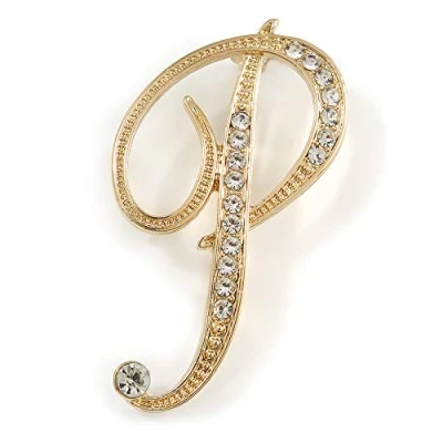 Image of &#039;P&#039; Gold Plated Clear Crystal Letter P Alphabet Initial Brooch Personalised Jewellery Gift 50mm Tall