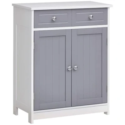 Image of kleankin 75x60cm Freestanding Bathroom Storage Cabinet Unit w/ 2 Drawers Cupboard Adjustable Shelf Metal Handles Traditional Style Grey White