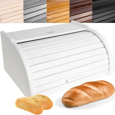 Image of Creative Home White Wooden Bread Bin 40 x 27.5 18.5 cm (+/ 1 cm) Natural Beech Wood box Container with Roll Top Lid Kitchen Storage