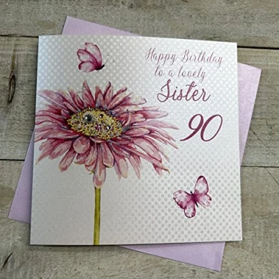 Image of white cotton cards Happy Lovely Sister 90, Handmade 90th Birthday Card (Dandelion)