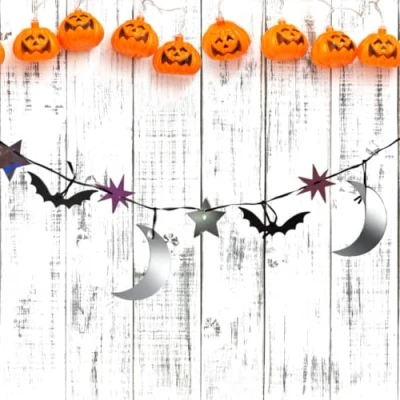 Image of ARCUS Spooky Holographic Bunting 3m, Halloween Party Decoration Decor Banner Garland, Bats Moons Stars Design, Haunted House Horror Trick or Treat Decoration, Hanging Prop
