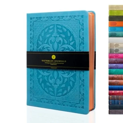 Image of VICTORIA&#039;S JOURNALS Leatherette Vintage Journal Hard Cover Lined Notebook Old Looking Travel Diary, A5 Size 5.7&#039;&#039; x 8.1&#039;&#039; (Light Blue, A5), ONB0041