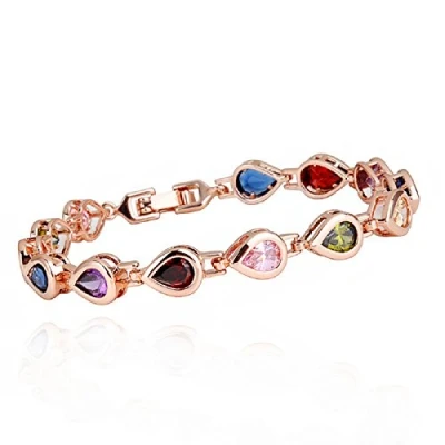 Image of Crystalline Azuria Women Girls 18ct Rose Gold Plated Teardrops Multi Colorful Zirconia Crystals Tennis Bracelet 6.69 inches