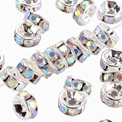 Image of NBEADS 100 Pcs Brass Rhinestone Round Rondelle Spacer Beads 6mm, White with Ab Color, Grade A, 3mm Thick, Hole: 1mm