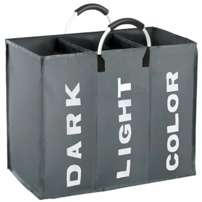 Image of Easy Funny 3 Section Laundry Basket Dark Light Color Canvas Storage Washing Hamper Bin (Dark Grey)