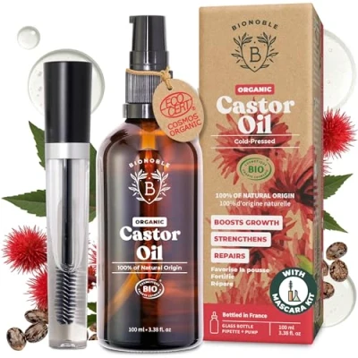 Image of Bionoble Organic Castor Oil 100ml 100% Pure, Natural, Cold Pressed Lashes, Eyebrows, Body, Hair, Beard, Nails Vegan and Cruelty Free Glass Bottle + Pipette Pump Mascara Kit