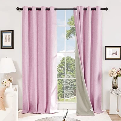 Image of Deconovo Full Blackout Curtains Faux Linen Thermal Insulated Eyelet Kids Room for Girls Bedroom Pink W46 x L72 Inch One Pair