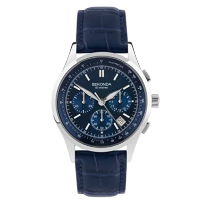 Image of Sekonda Racer Mens 42mm Quartz Watch in Blue with Analogue Date Display, and Leather Strap 30108