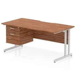 Image of Impulse 1600 x 800mm Scalloped Edge Straight Office Desk Walnut Top Silver Cantilever Leg Workstation 1 2 Drawer Fixed Pedestal