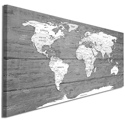 Image of Wallfillers Grey White Map of World Atlas Canvas Wall Art Print Modern 1315 Small 97x40cm