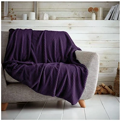 Image of Luxury Fleece Throw Blankets, Warm &amp; Cosy Waffle Throws For Sofas, Fluffy Blanket Bed, Purple, 150X200 Cm