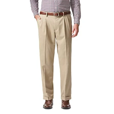 Image of Dockers Men&#039;s Relaxed Fit Comfort Pants Pleated Casual, British Khaki, 34W x 30L