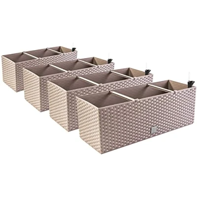 Image of 4 x Flower Boxes, Pots, Rattan Look, 60 25 24 cm, Plant Pot, Watering System, Balcony Box, Mocha