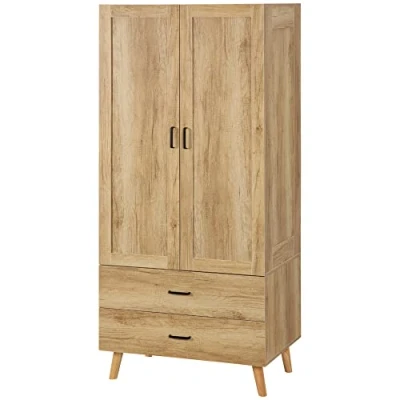 Image of HOMCOM 2 Door Wardrobe, Compact Clothes Storage Unit with Drawers, Hanging Rail and Anti tipping Design for Bedroom, Flats, Natural