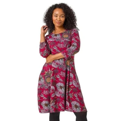 Image of Roman Originals Tunic Dress with Pockets for Women UK Ladies Swing Fit &amp; Flare Skater Slouch Stretchy Casual Smart Winter Jersey Pull On Relaxed Work Office 3/4 Long Sleeves Petite Wine Size 18