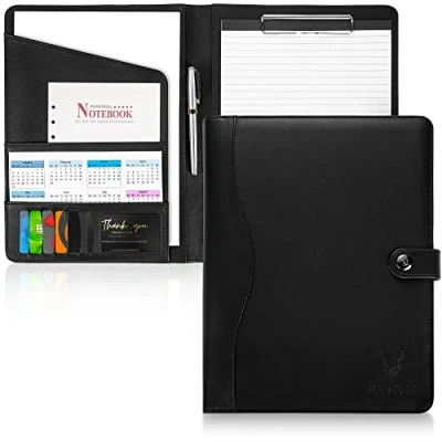 Image of AMKSONS Portfolio Folder A4 in Black with Clip Board and Notepad Premium PU Leather Clipboard Document Compartments, Holder, Pen Flip Cover Magnetic Closure