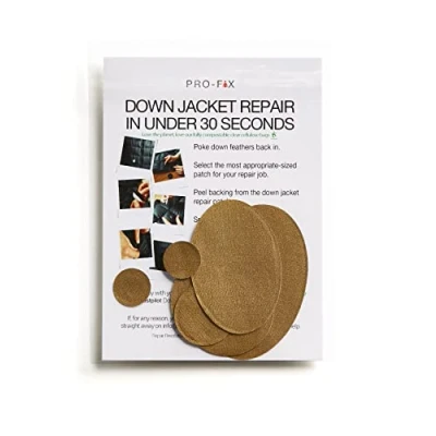 Image of PRO FIX: Easy to Use Down Jacket Repair Patch Kits Pre Cut, Self Adhesive, Waterproof, Tear Resistant Patches for Repairing Clothing, Sleeping Bags, Tents, Outdoor Gear Gold