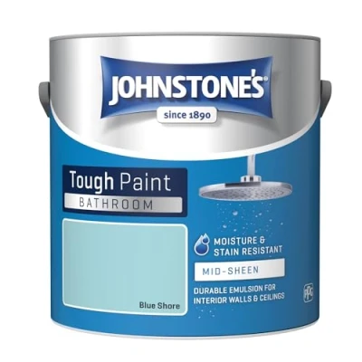 Image of Johnstone&#039;s Bathroom Paint Blue Shore Mid Sheen Finish Stain Blocker Use in Moist &amp; Damp Areas Low Odour Dry 1 2 Hours 12m2 Coverage per Litre 2.5L