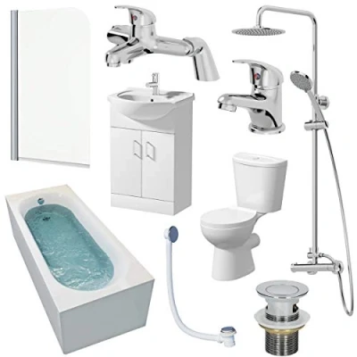 Image of Affine Bathroom Suite 1700mm Single Ended Bath Screen Toilet Basin Vanity Taps Shower
