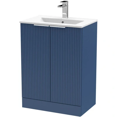Image of Hudson Reed DFF325B Fluted Modern Bathroom Floor Standing 2 Door Vanity Basin Unit with Minimalist Ceramic Basin, 600mm, Satin Blue