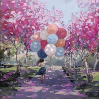 Image of Artistic Female &#039;Happy Birthday&#039; Card Happiness, Girl Carrying Balloons Artwork by Victoria Ball Suitable for Birthdays and Other Occasions (WDM 440359)