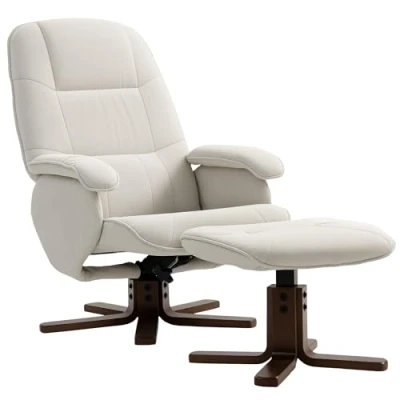 Image of Homcom Swivel Recliner Chair with Footstool and Wooden Base, Beige