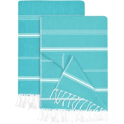 Image of Utopia Towels 2 Pack Turkish Beach Towel (100 x 180 cm) 100% Cotton Oversized Sand Free Lightweight Quick Dry Towel, Prewashed for Soft Feel, Large Peshtemal Travel (Teal)