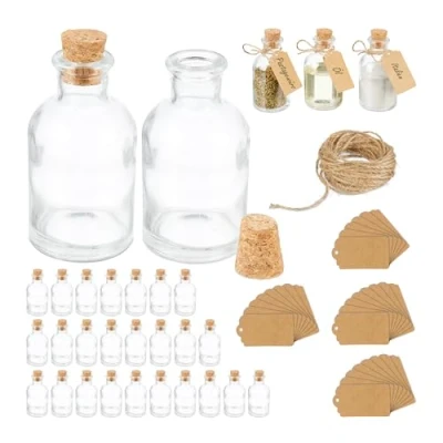 Image of Relaxdays Decorative Bottles, Set of 30, Jars with Cork, 60 ml, for Filling, Spice Glasses, Transparent/Natural, 9 x 5 cm