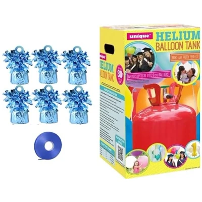 Image of Small helium balloon Canister with 6 Blue weights and 10m Ribbon fills upto 30 x 9 inch latex balloons