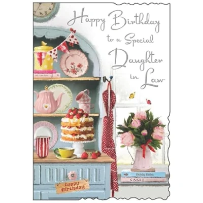 Image of Jonny Javelin Special Daughter In Law Birthday Card Happy with Cake and Flowers Design Embossed Foil Details for Women