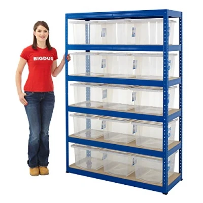 Image of BiGDUG Shelving Units With Clear Plastic Boxes 5 Tier Garage Racking 1,325kg Capacity