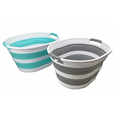 Image of SAMMART 23L Collapsible Plastic Laundry Basket Oval Tub Foldable Storage Container/Organizer Portable Washing Space Saving Hamper (Grey + Sage Green) (Grey/Sage