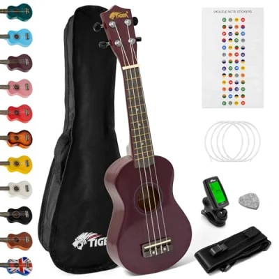 Image of TIGER UKEKIT PP Soprano Ukulele for Beginners includes Gig Bag, Felt Pick, Spare Set of Strings Now Equipped with Aquila Purple