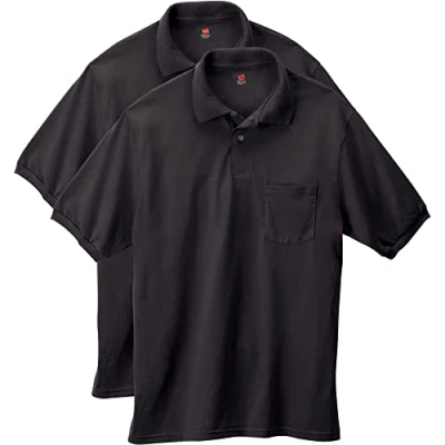Image of Hanes Men&#039;s Short Sleeve Jersey Pocket Polo, Black, Medium (Pack of 2)