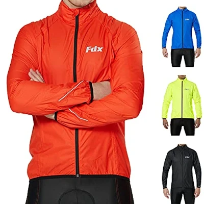 Image of Fdx Men’s Cycling Jacket Waterproof Lightweight Breathable Cycle Rain Tops High Visibility Full Sleeves Taped Seams Reflective Jersey Windproof Coat for Riding, Running, Bike Racing (Red Medium)