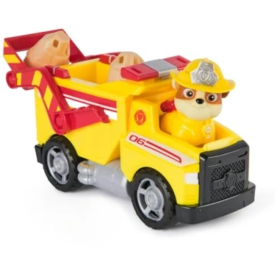 Image of PAW Patrol Fire Rescue: Rubble Rescue Dump Truck with Action Figure, Projectiles, and Toy Truck, Kids Toys for Boys &amp; Girls Ages 3 Up