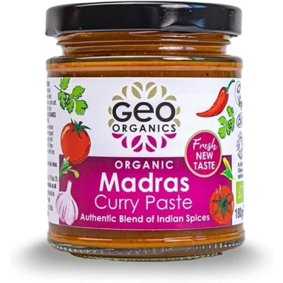Image of Geo Organics Madras Curry Paste 180g (Pack of 6) Serves 4 Organic Certified &amp; Vegan Friendly Authentic Restaurant Recipe Base Food
